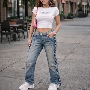 Platinum Plush Stretch Y2K Lace Up Side Jeans Coachella Rave Festival Denim